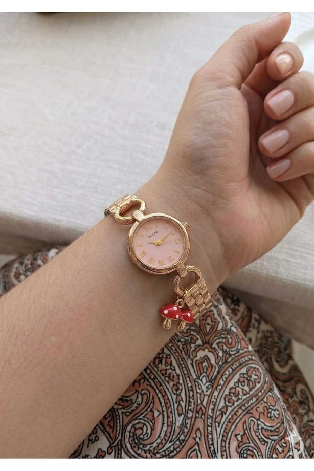 Women's Powder Pink Dial Gold Chain Strap Watch – Stylish Bracelet Watch with Mushroom Charm Detail
