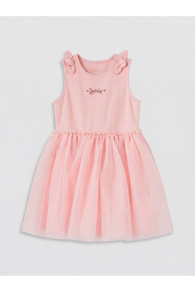 Lcw Kids Girl's Dress with Bow Detail and Tulle Skirt