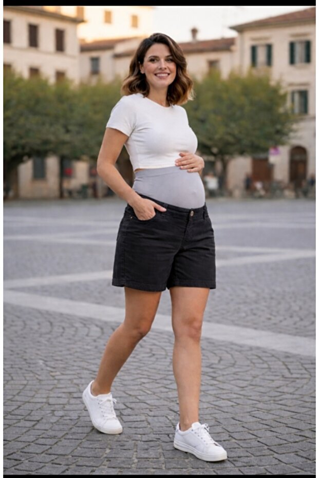 Fdn Black Maternity Jeans Shorts Flexible Panel Design with Adjustable Waistband