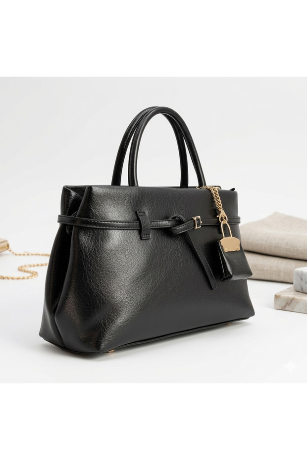 Soft Leather Women's Hand and Shoulder Bag with Belt Detail