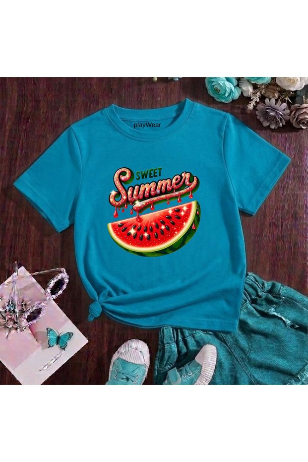 Summer Watermelon Printed 100% Cotton Crew Neck Kids Unisex T-Shirt 5 6 -7 8-9 10 -11 12 Years Old