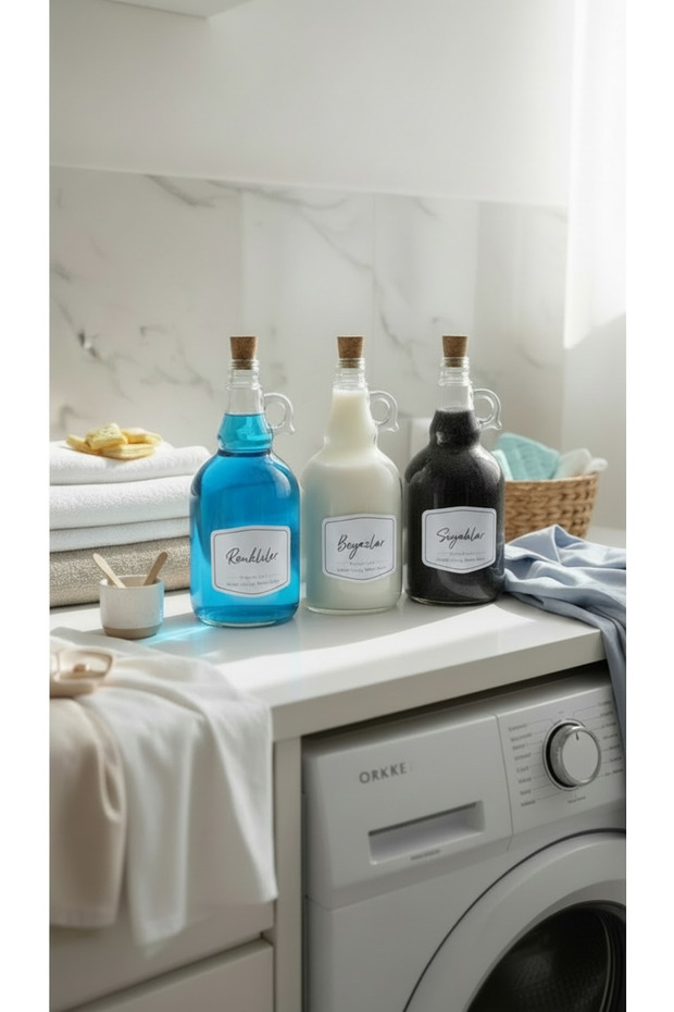 Glass Colorful & White & Black Bottle 1000 ml with Cork Lid Laundry Room Organizer
