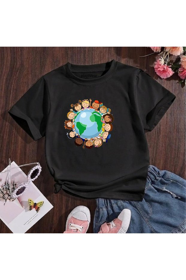 World Map Printed 100% Cotton Crew Neck Kids Unisex T-Shirt 5 6 -7 8-9 10 -11 12 Years Old