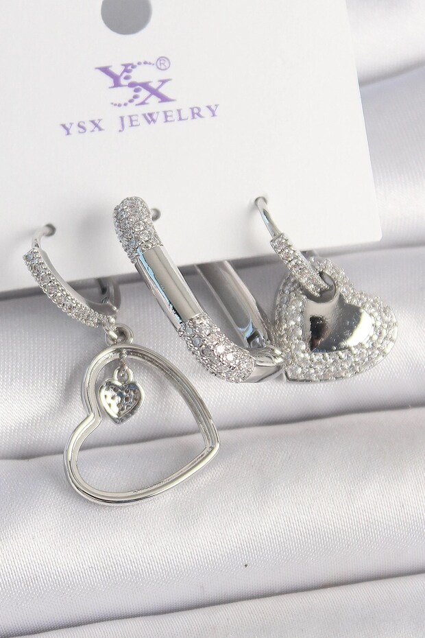 Mey Import ®   Brass Silver Color Dangle Zircon Stone Heart Model 3-Piece Women's Combination Earrings