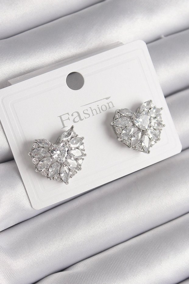 Mey Import ® Brass Silver Color Zircon Stone Heart Model Women's Earrings