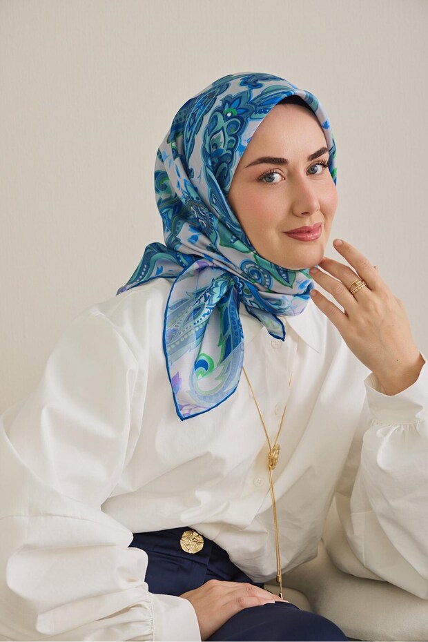 Twill Silk Scarf Almond Motif Pattern Silver 90X90