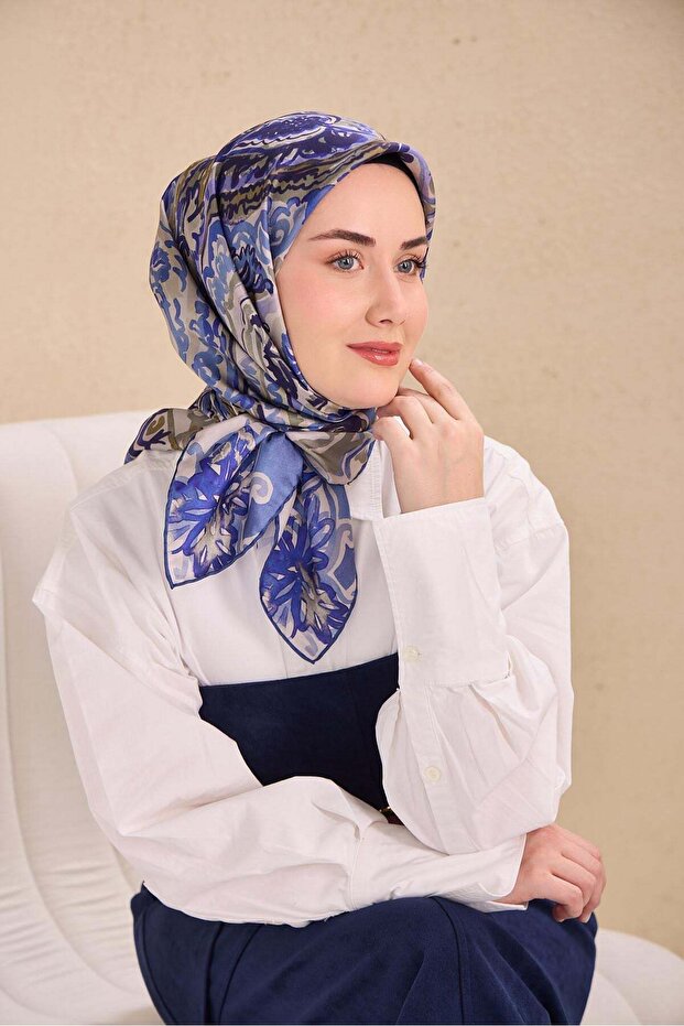 Twill Silk Scarf Art Pattern Blue Gray 90X90