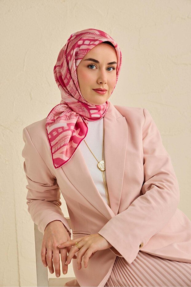 Twill Silk Scarf Abstract Pattern Pink 90X90