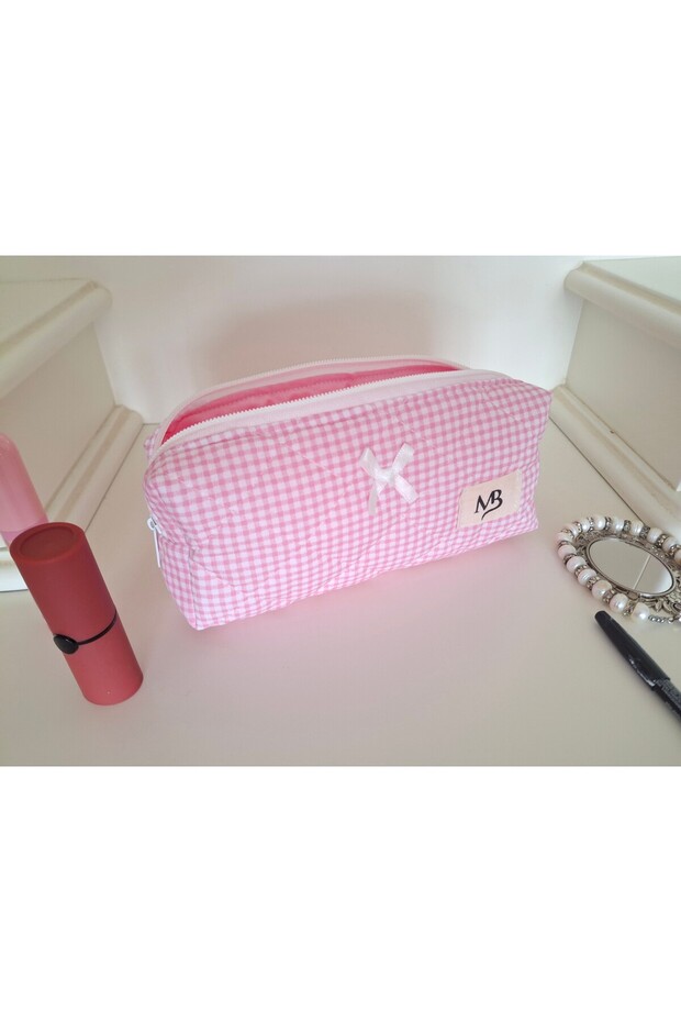 Pink Gingham Patterned Pencil Bag - 5