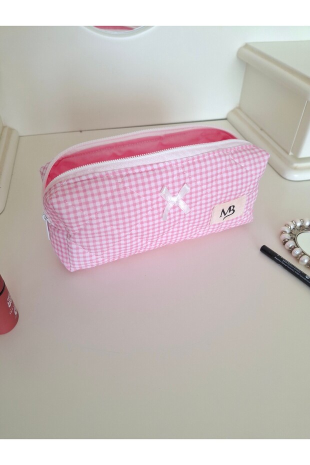 Pink Gingham Patterned Pencil Bag - 1