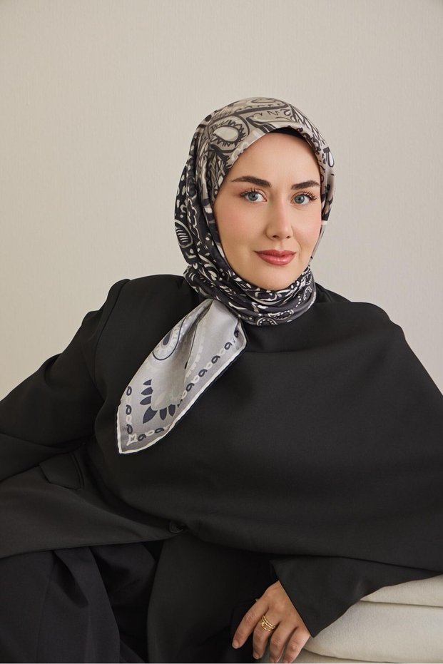 Twill Silk Scarf Classic Motif Anthracite 90X90
