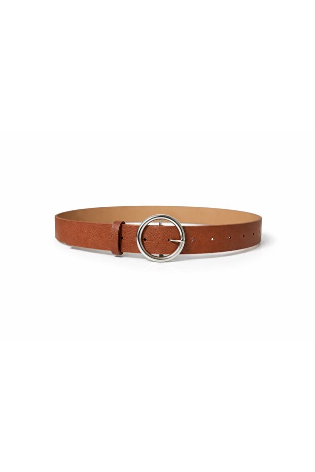 Women's Tan Faux Leather Belt with Silver Buckle