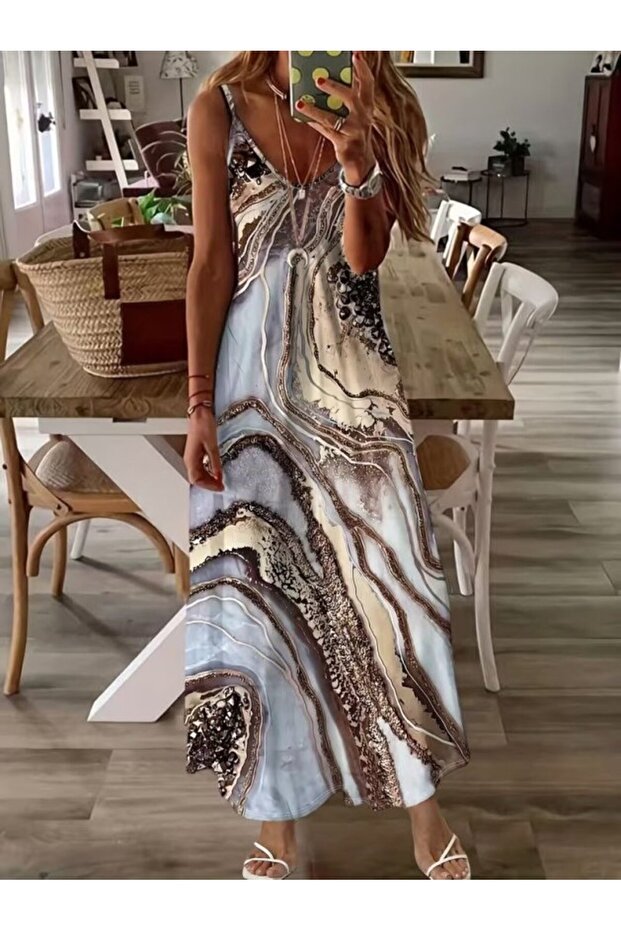 Women's Strappy V-Neck Patterned Long Single Jersey Dress