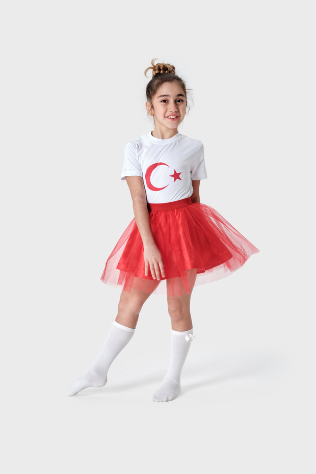 Girl's April 23Rd Costume - White Moon Star T-Shirt and Red Tutu Skirt Set