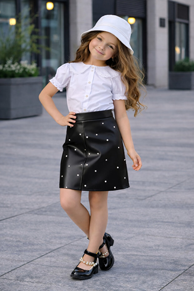 3-Piece Combination with Pearl Detailed Leather Skirt - Age 2/10 - 31703