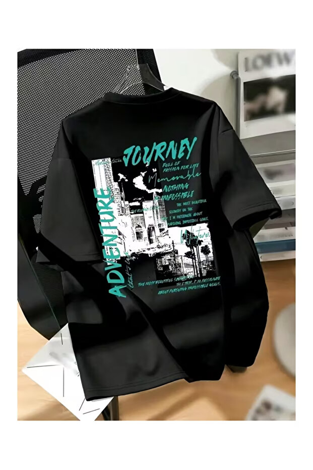 Unisex Women'S/Men's Black Oversize Tshirt-Advanture Printed Crew Neck