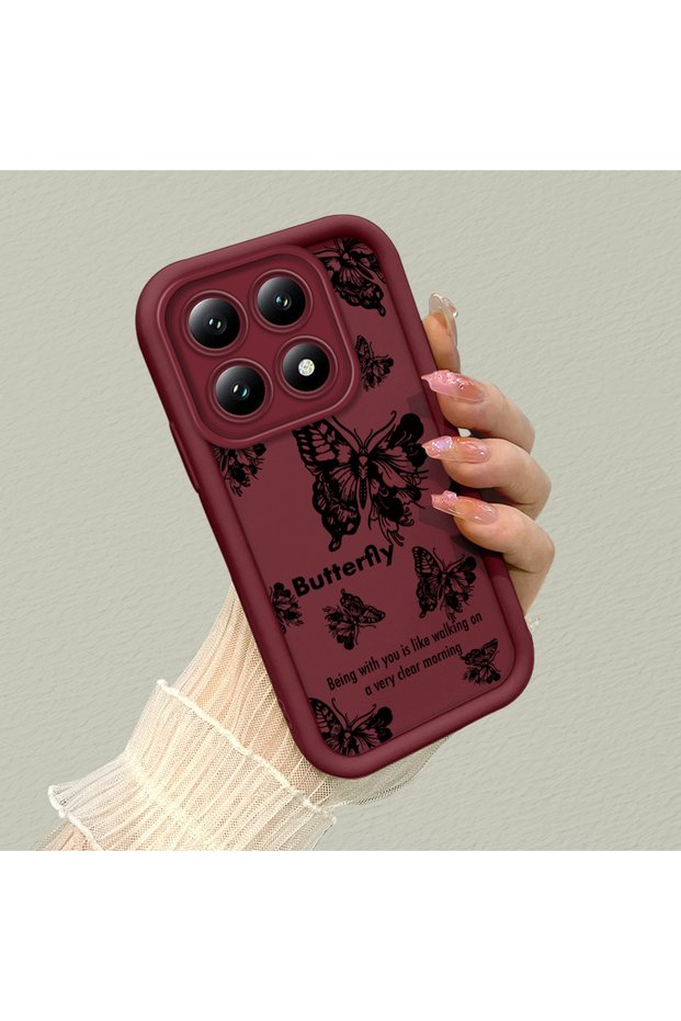 Mi 14t Compatible Claret Red Butterfly Silicone Case with Camera Protection, Shock Absorption, Comfortable Grip