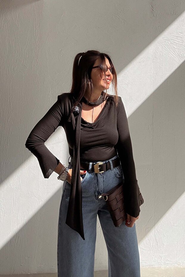 Brown Scarf Blouse