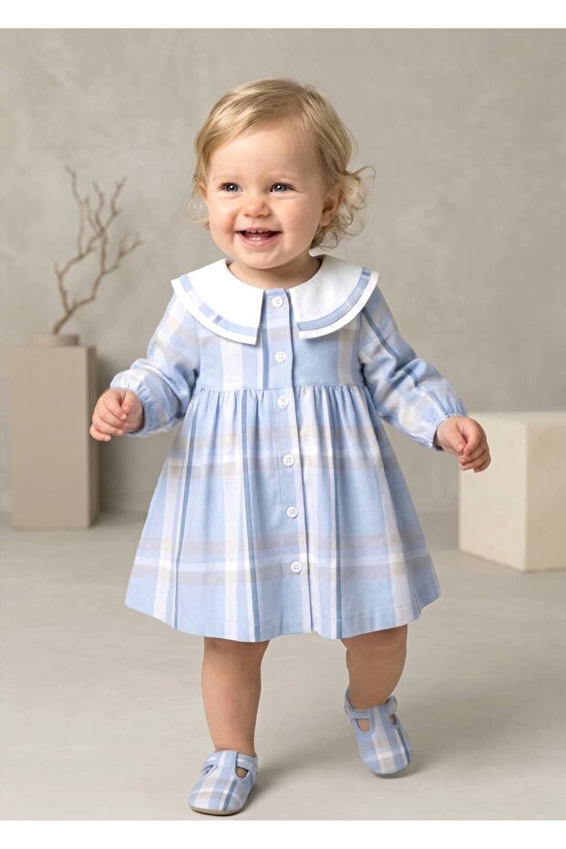 Organic Cotton Blue Plaid Spring Baby Girl Dress