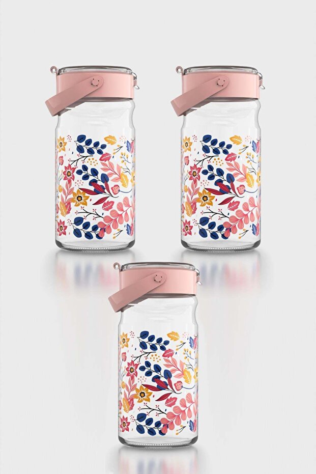 Mono 1800 ml Flower Patterned 3-Piece Glass Jar Set 132067 Pink