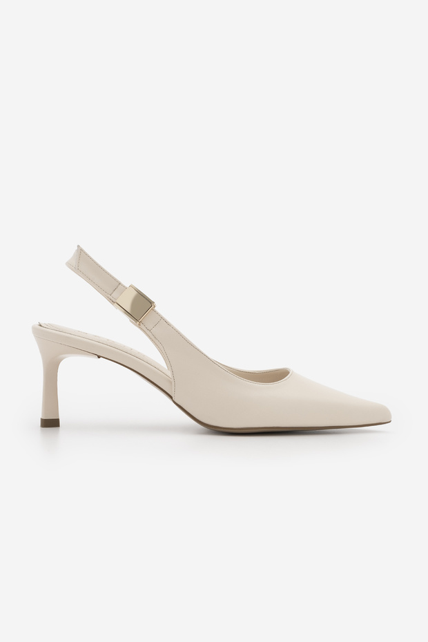 Women's Stiletto Pointed Toe Open Back Buckle Elastic Short Classic Heeled Shoes Zelor Ecru