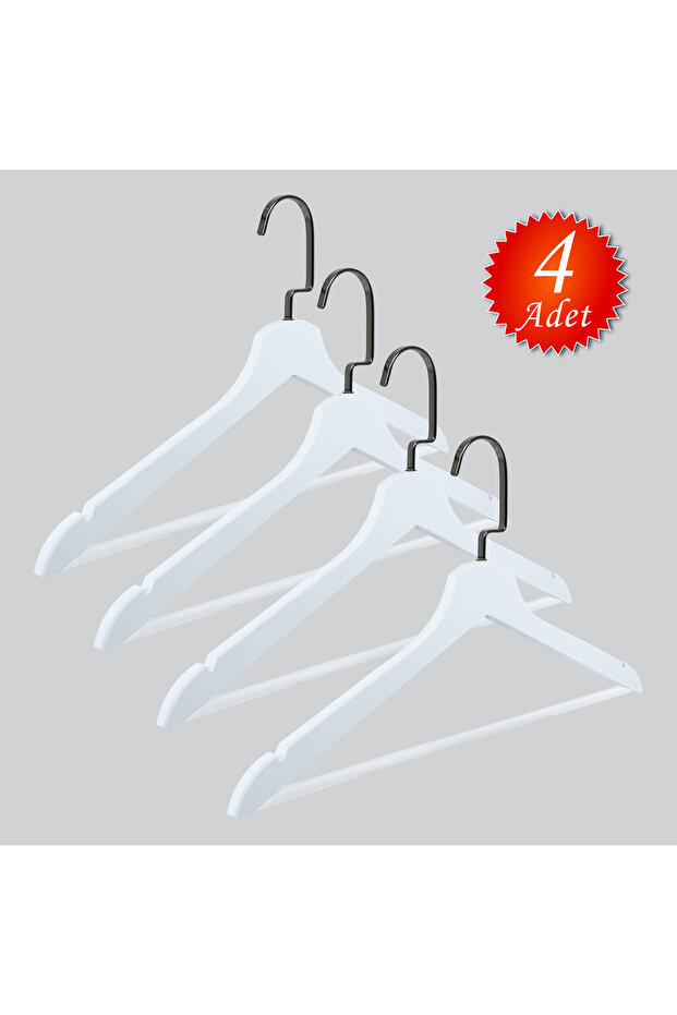 Wooden (Black Nickel Hook) Bar Hanger for Shirts and Trousers, White Color, 4 Pieces
