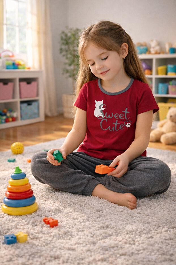 Girls' Sweet Printed O-Neck Pajama Set
