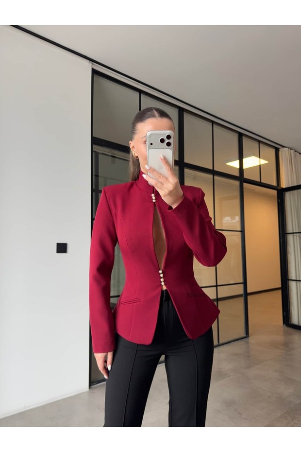 Pearl Buttoned Waist-Fastening Jacket Burgundy