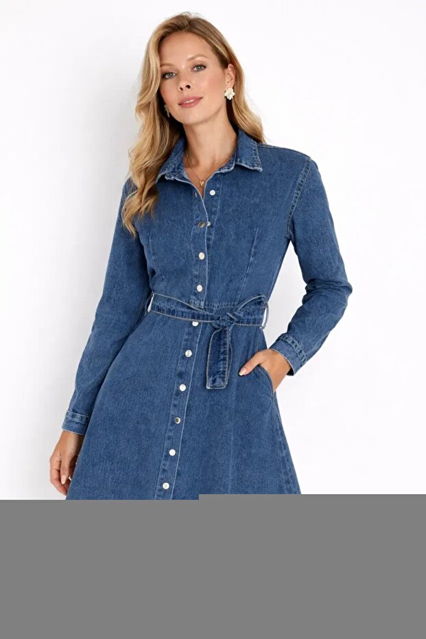 Belt Detailed Buttoned Jean Shirt Dress