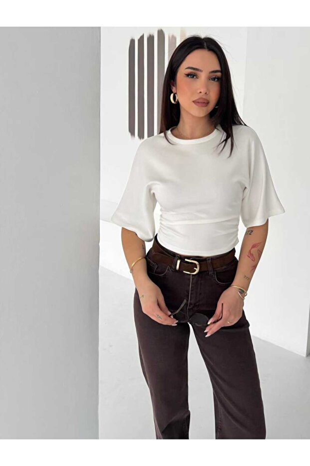 Noa Noa Women's Side Gathered Detailed Half Sleeve Crop Bat Sleeve T-Shirt