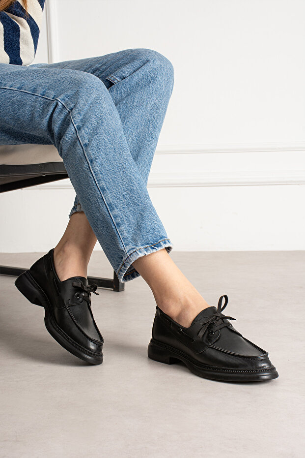 Women's Black Leather Lace-Up Thick Sole Loafer - Casual Comfortable Shoes