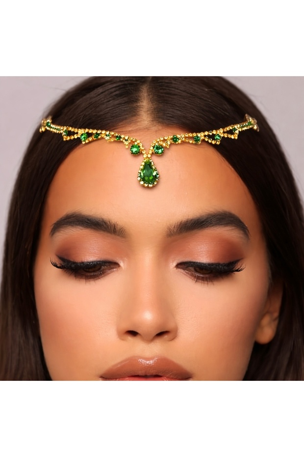 (Gold Green) Indian Headpiece/Headdress/Hanfu Crown Hair Hijab Accessory Wedding/Engagement/Bride/Henna/Birthday