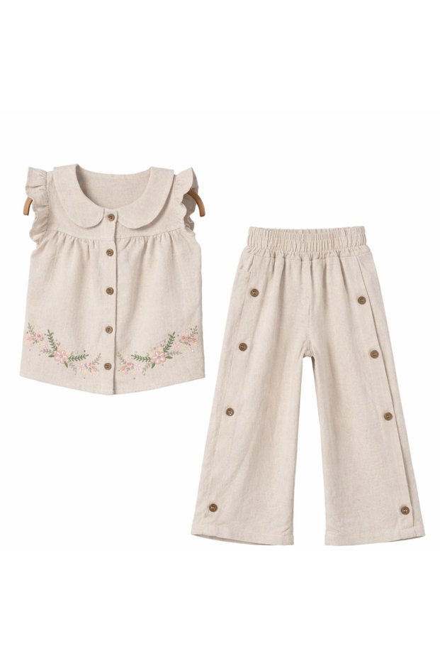 Girl's Linen Suit Embroidered Blouse Pants 1-2-3-4 Years Old Summer Suit