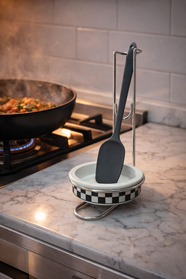 Spoon Holder Kitchen Accessory Table Spoon Holder Black Checkered Silver - Feray Home