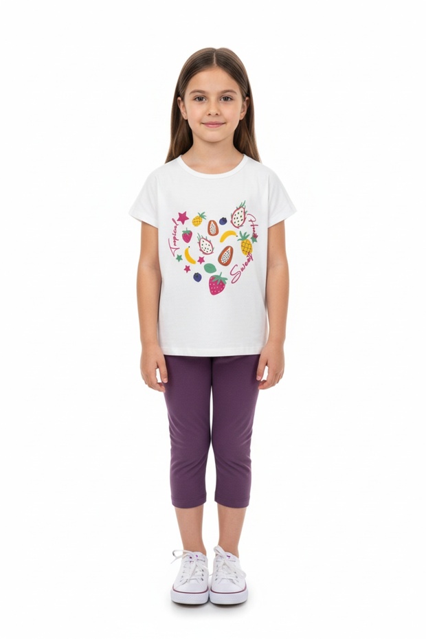 Girl's 2-Piece Capri Tights Set Crew Neck Short Sleeve Printed T-Shirt - Elastic Waist