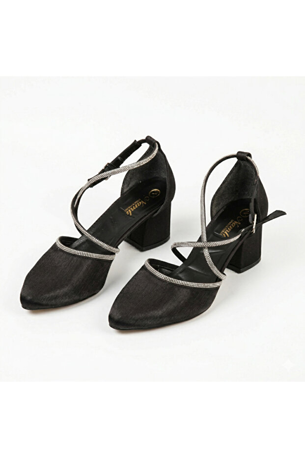 Black Satin Stone Heeled Women's Shoes