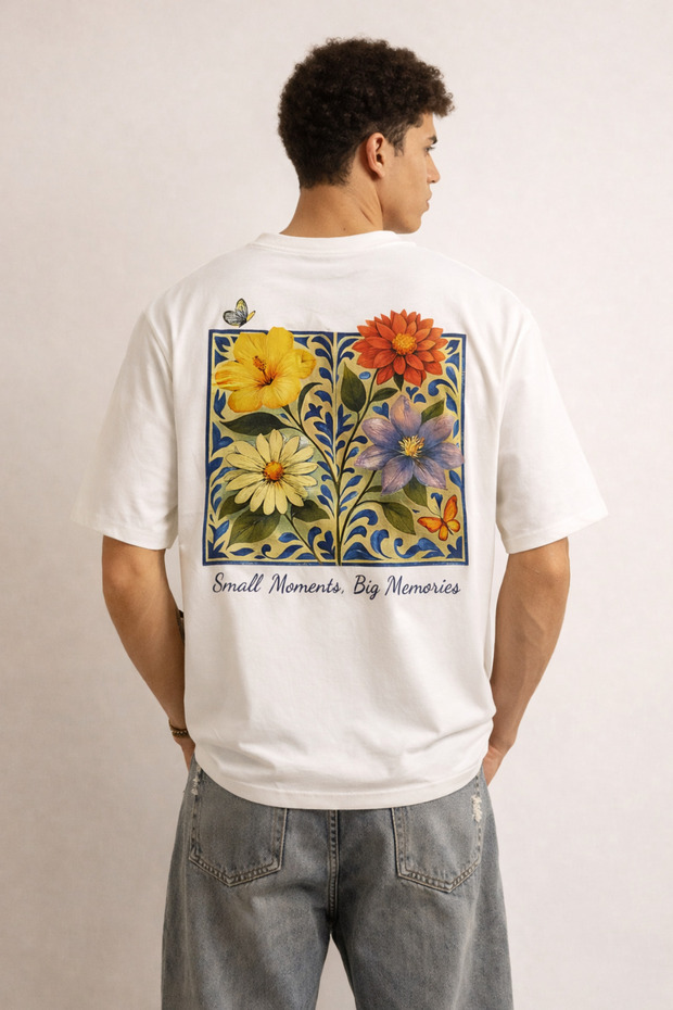 Men's Floral Printed T-Shirt – Oversize Fit, Back Pattern "Small Moments Big Memories"