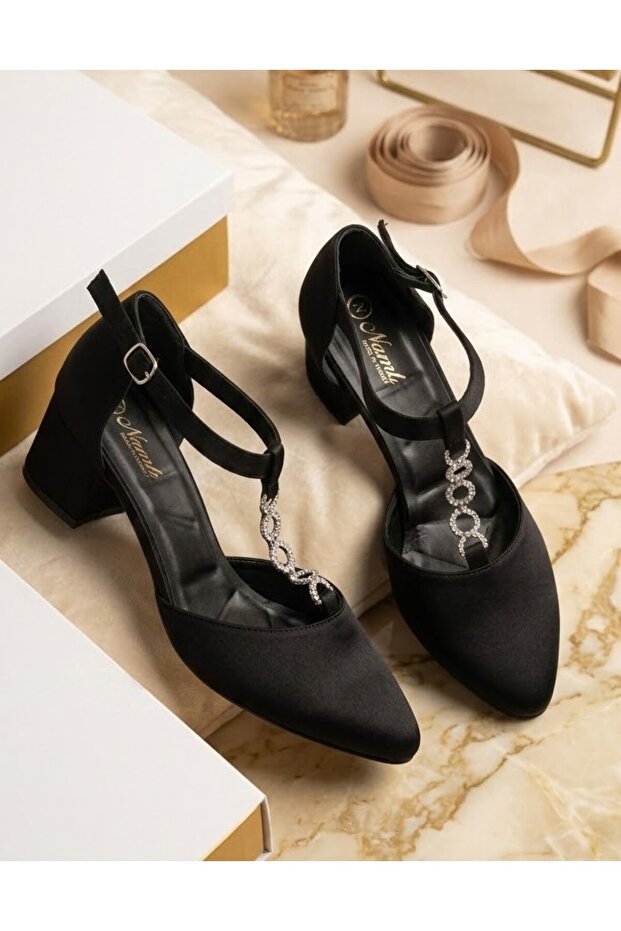 Chain Detailed Satin Ankle Strap Women's Shoes
