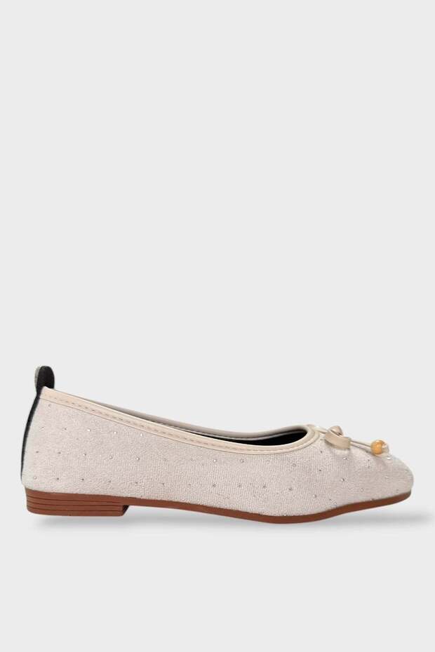 Stone Bowknot Wooden Bead Detail Office Casual Women's Ballerinas Beige