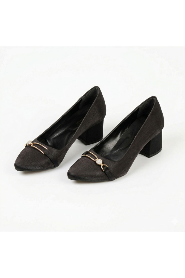Black 5 cm Stone Buckle Heeled Women's Shoes