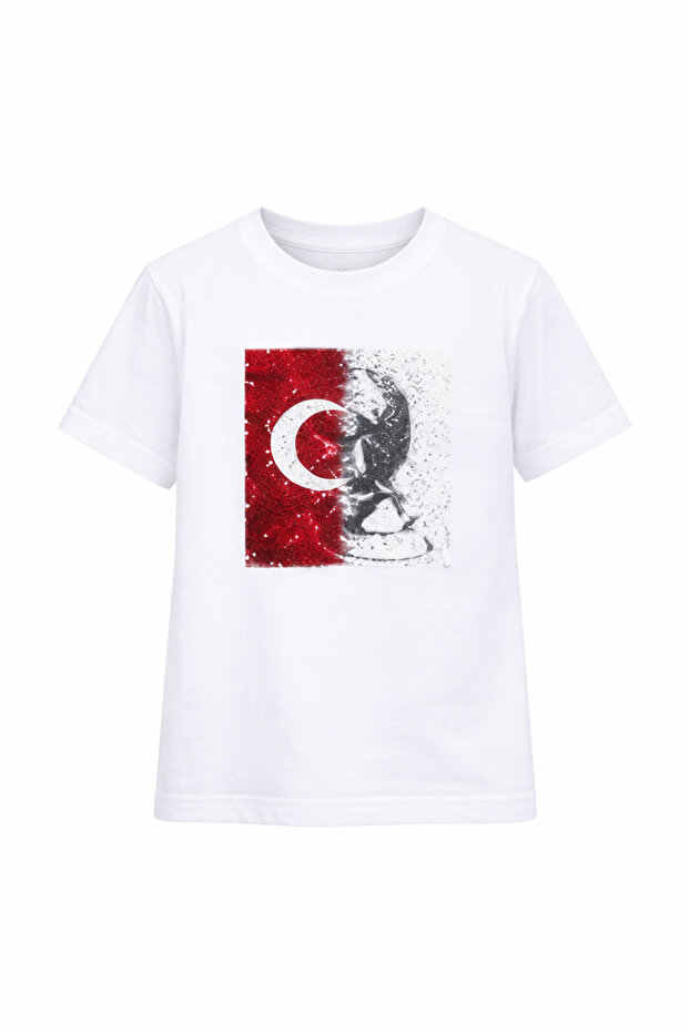 Boy's Ataturk Silhouette Moon Star Printed White T-Shirt School Holiday Event 3-14 Years