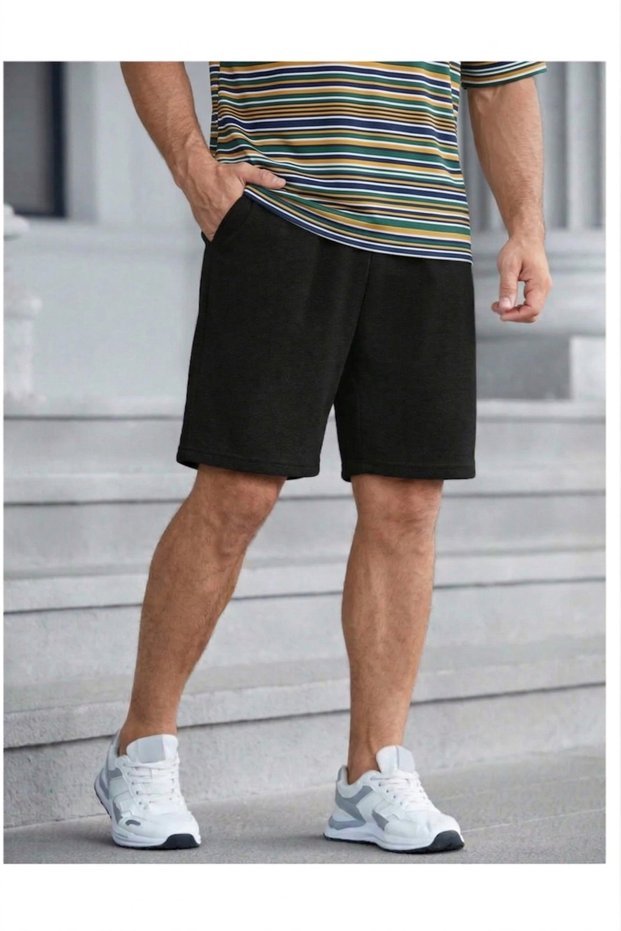 Shorts - Men's Black Oversize Relaxed Fit High Waist Lace-Up Casual Shorts
