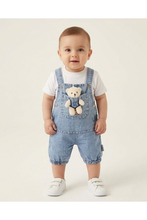 Baby Boy Denim Salopet and White T-Shirt Summer Set with Teddy Bear Accessory, 2-Piece Stylish Set for 3-6-9-12 Months