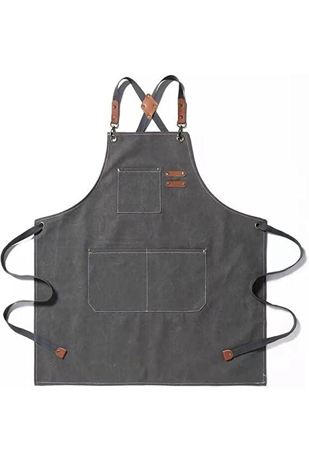 Unisex Canvas Kitchen Apron with Adjustable Strap and Pocket Barista Waiter Service Apron Gray