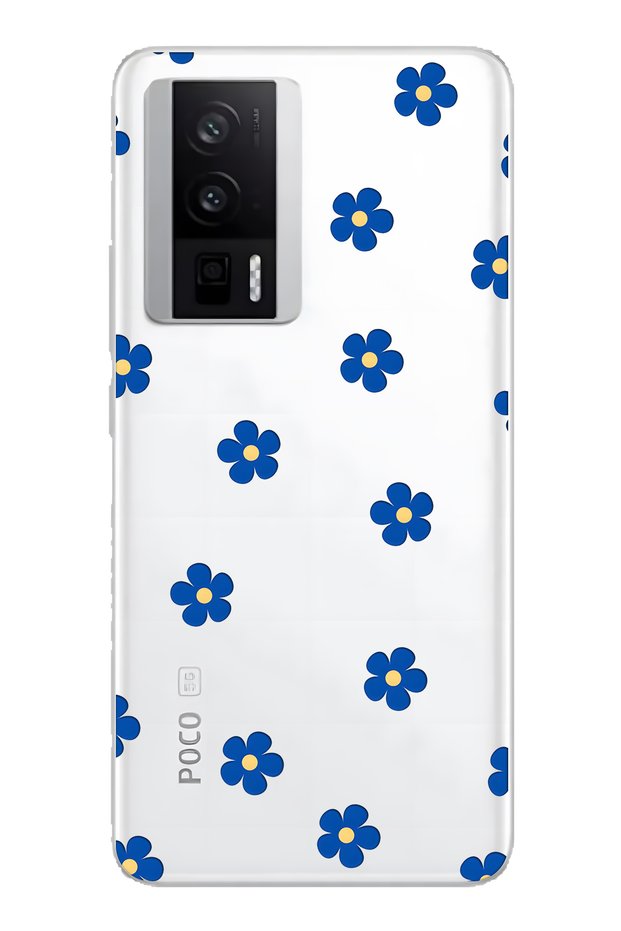 Poco F5 Pro Compatible Blue Flower Pattern Transparent Phone Case