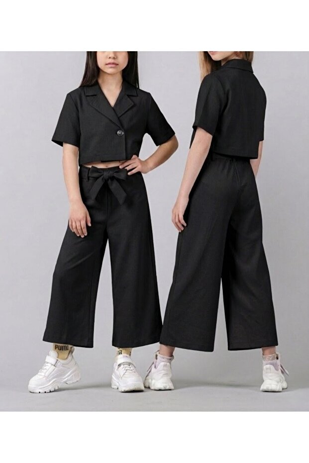 Girl's Gabardine Blazer Jacket and Wide-Leg Pants Set