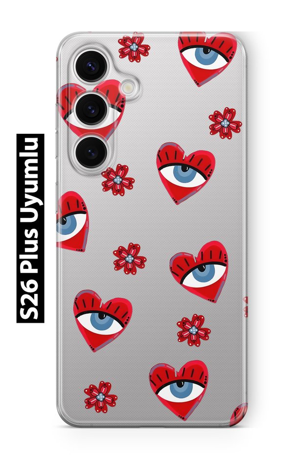 Samsung Galaxy S26 Plus Compatible Transparent Phone Case with Heart and Evil Eye Pattern