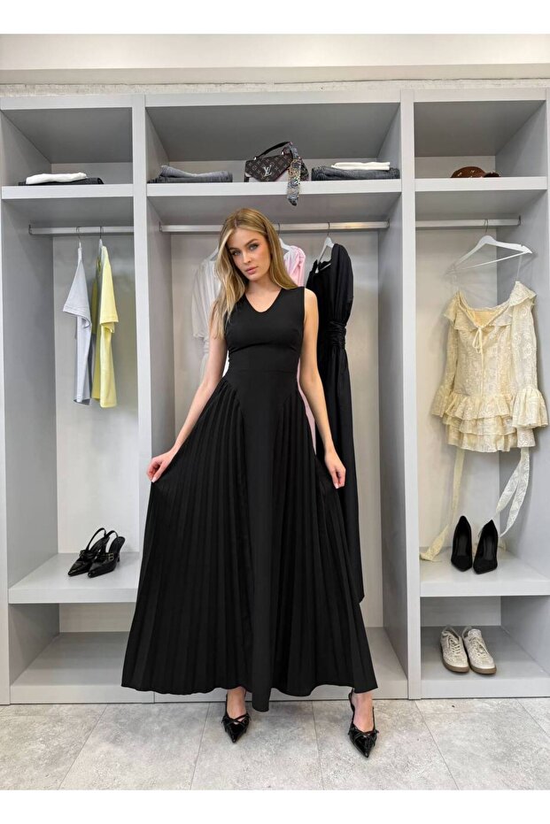 Women's Black Long Dress with Pleated Details