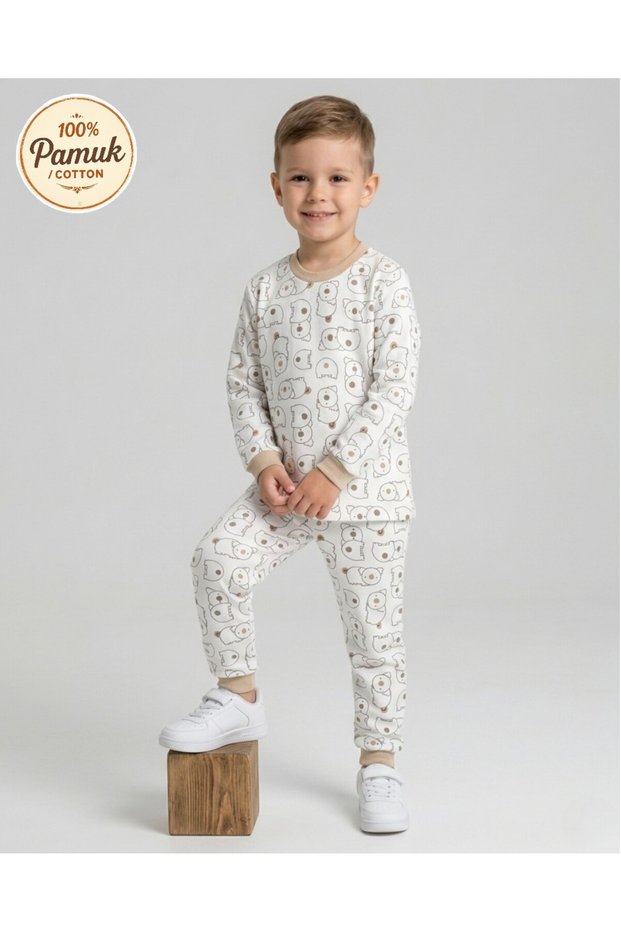 Boy's 6-9 Years Old Koala Printed Crew Neck Seasonal 100% Cotton Nightgown Pajama Set