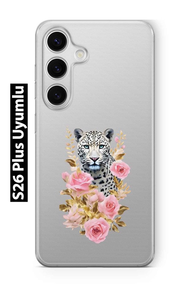 Samsung Galaxy S26 Plus Compatible Leopard and Pink Rose Pattern Transparent Phone Case